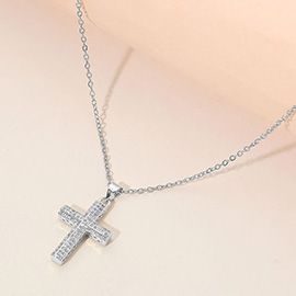 Stainless Steel CZ Stone Paved Cross Pendant Necklace