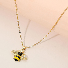 Stainless Steel CZ Stone Paved Enamel Honey Bee Pendant Necklace