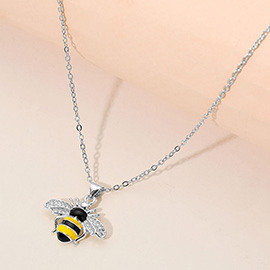 Stainless Steel CZ Stone Paved Enamel Honey Bee Pendant Necklace