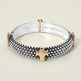 Cross Accent Beaded Metal Stretch Bracelet