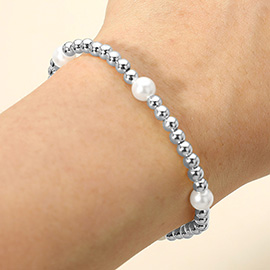 Stainless Steel Pearl Accent Beaded Stretch Bracelet