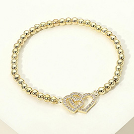 Stainless Steel CZ Stone Paved Interlocking Heart Beaded Stretch Bracelet