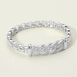 14K Gold Plated CZ Stone Paved Bold Chain Accent Hinged Bangle Bracelet