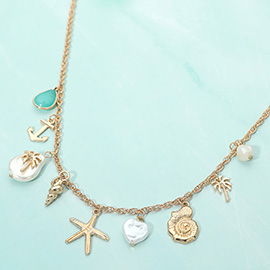 Starfish Anchor Peal Palm Tree Shell Charm Station Necklace