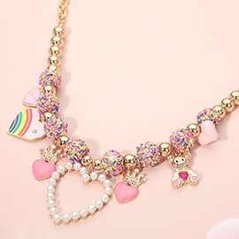 Playful Pearl Heart Teddy Bear Charm Shamballa Ball Beaded Statement Necklace