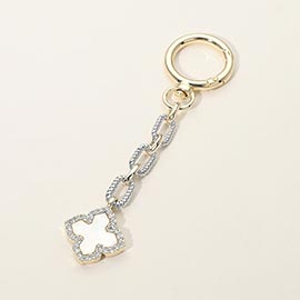 14K Gold Dipped CZ Stone Rim Mother of Pearl Clover Charm Drop Keychain Bag Charm