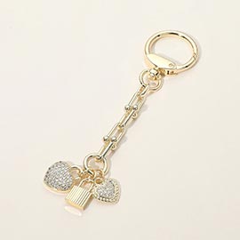 14K Gold Plated CZ Pave Double Heart Lock Charm Drop Keychain Bag Charm