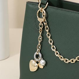 14K Gold Plated CZ Stone Paved Ring Accent LOVE Heart Pearl Charm Drop Keychain Bag Charm