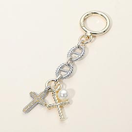 14K Gold Plated CZ Stone Paved Cross Pearl Charm Drop Keychain Bag Charm