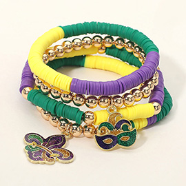 4PCS - Mardi Gras Fleur de Lis Eye Mask Charm Heishi Beaded Stretch Multi Layered Bracelets