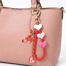 Heart Charm Embellished Beaded Loop Accent Drop Keychain Bag Charm