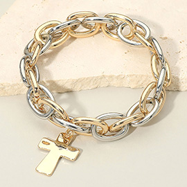 Metal Cross Charm Chunky Chain Link Stretch Bracelet