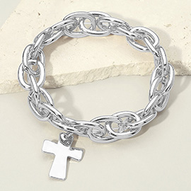 Metal Cross Charm Chunky Chain Link Stretch Bracelet