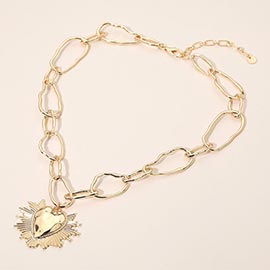 Bold Metal Radiant Heart Pendant Link Chain Necklace
