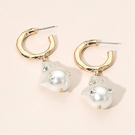 Rhinestone Embellished Organic Pearl Drop Hoop Earrings