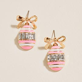 Bow Emerald Cut Stone Accent Easter Egg Dangle Earrings