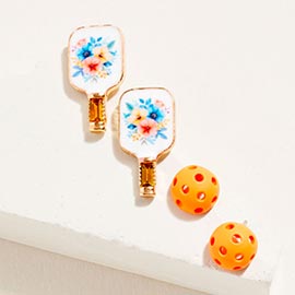 2Pairs - Floral Pickleball Paddle Earring Set