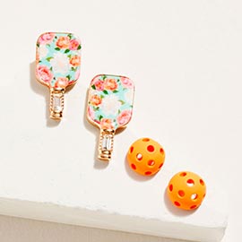 2Pairs - Floral Pickleball Paddle Earring Set