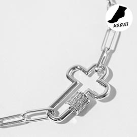 White Gold Dipped CZ Stone Paved Open Cross Carabiner Paperclip Link Chain Anklet