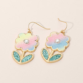 Pearl Accent Glitter Flower Charm Dangle Earrings