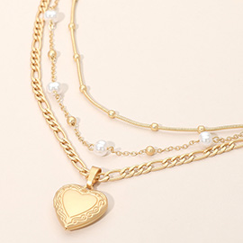 3PCS - Heart Locket Pendant Pearl Station Bead Chain Layered Necklaces