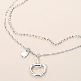 Polished Horsebit Disc Charm Beaded Chain Layered Necklace