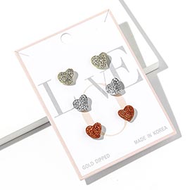 3Pairs - White Gold Dipped Rhinestone Pave Heart Stud Earring Set