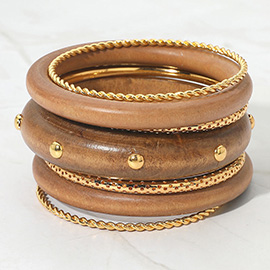 7PCS - Bold Stud Accent Wooden Metal Bangle Multi Layered Bracelets