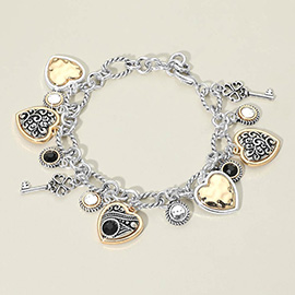 Two Tone Antique Metal Heart Clover Key Stone Charm Station Bracelet