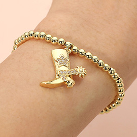 Stainless Steel CZ Stone Paved Star Accent Cowboy Boot Charm Beaded Stretch Bracelet