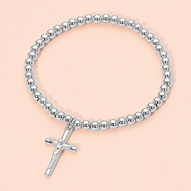Stainless Steel Cross Charm Beaded Stretch Bracelet