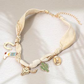Western Steer Head Cactus Horseshoe Cowboy Hat Boot Charm Station Fabric Scarf Necklace