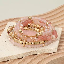 6PCS - Oval Druzy Charm Accent Faceted Beaded Stretch Multi Layered Bracelets
