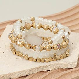 6PCS - Oval Druzy Charm Accent Faceted Beaded Stretch Multi Layered Bracelets