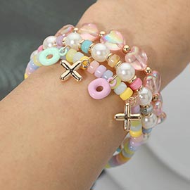 3PCS - XO Charm Pearl Heart Beaded Stretch Multi Layered Bracelets