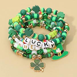 6PCS - St Patricks Shamrock Hat Charm LUCKY CHEERS Heishi Beaded Stretch Multi Layered Bracelets