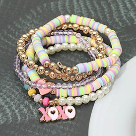 5PCS - XOXO Charm Heart Pearl Beaded Stretch Multi Layered Bracelets