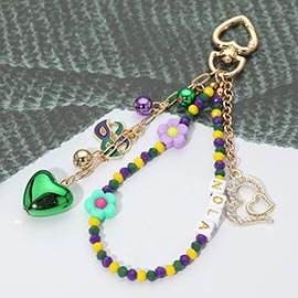 Mardi Gras Flower Heart NOLA Mask Beaded Keychain Bag Charm