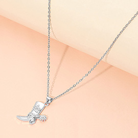 Stainless Steel CZ Stone Paved Star Accent Cowboy Boot Charm Pendant Necklace