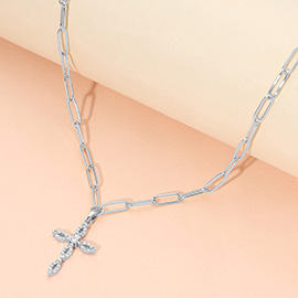 Stainless Steel CZ Cross Pendant Paperclip Chain Necklace