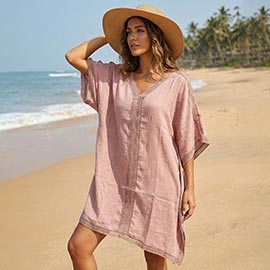 Solid Color V Neck Beach Cover Up Tunic Dress