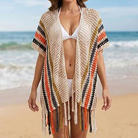 Open Front Crochet Fringe Beach Cover Up Kimono Poncho