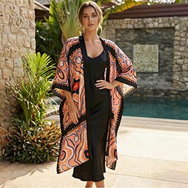 Silk Feel Boho Open Front Long Kimono Cover Up Poncho