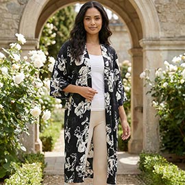 Silk Feel Floral Print Kimono Poncho