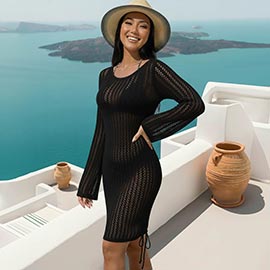 Backless Long Sleeves Crochet Cover Up Mini Dress