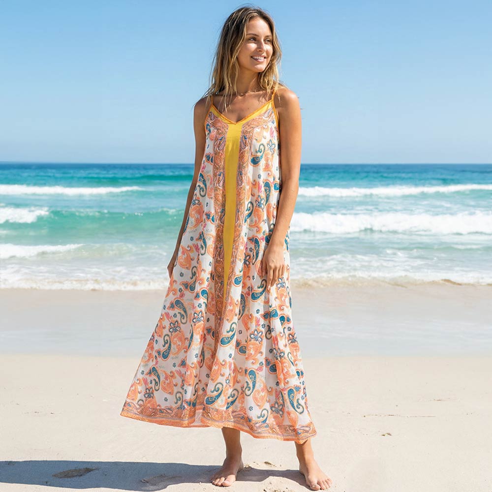 Boho Paisley Print Sleeveless Beach Maxi Dress