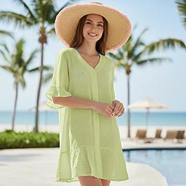 Button Front Ruffle Hem Beach Cover Up Dress