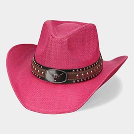 Boho Oval Steer Head Buckle Studded Faux Leather Band Straw Western Cowboy Hat