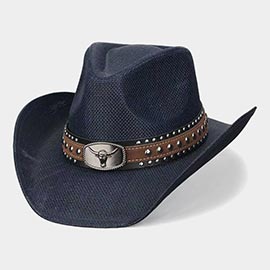 Boho Oval Steer Head Buckle Studded Faux Leather Band Straw Western Cowboy Hat