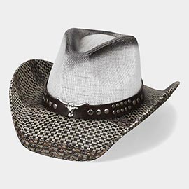 Boho Steer Head Accent Studded Faux Leather Band Woven Straw Western Cowboy Hat